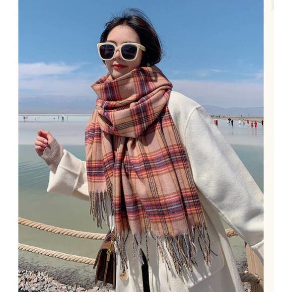 2/$24 NEW Cozy Oversized Plaid Blanket Scarf Pink Tan - Picture 3 of 10